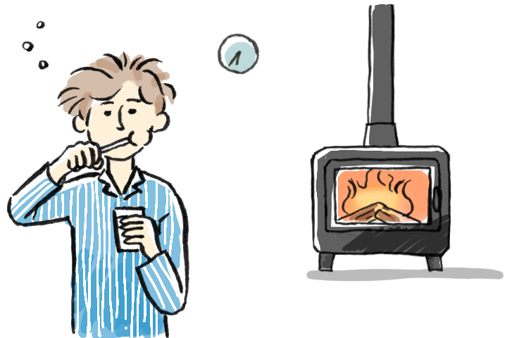 朝の支度をしながら薪ストーブを焚くイラスト