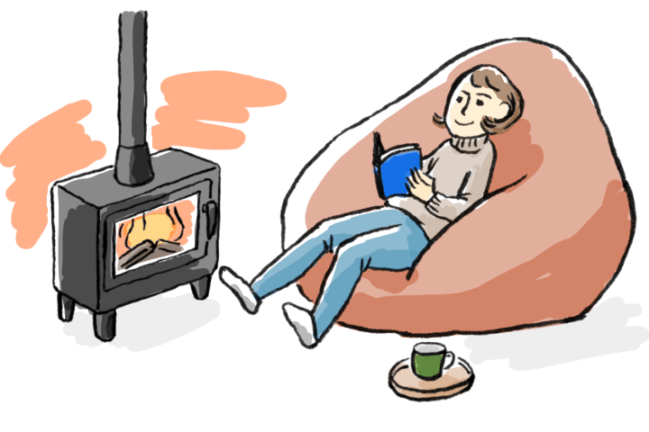 薪ストーブの前でくつろぐイラスト