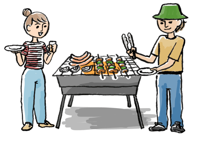 BBQで肉や野菜を焼くイラスト